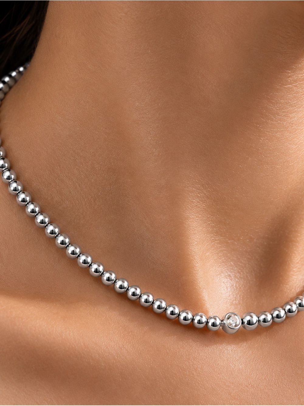 Silver tone Beaded Necklace with Clear Crystal Accent - Picture 2 of 8
